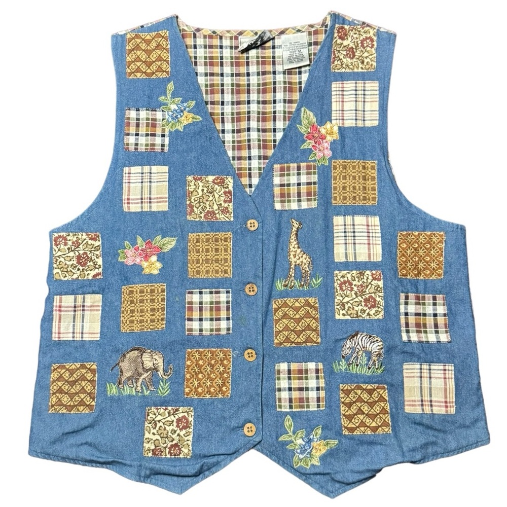 Studio Collection Patchwork Embroidered Animal Mixed Media Vintage Fall Vest - Picture 7 of 13